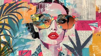 Obraz premium Abstract trendy vintage art collage with woman, geometric shapes, paper cutouts, patches, paint strokes. Retro fashionable style poster, banner