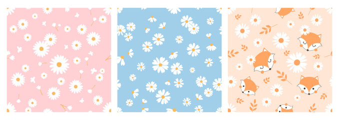 Fototapeta na wymiar Seamless pattern with daisy flower, butterfly, branch and fox cartoons on pink, blue and orange backgrounds vector.