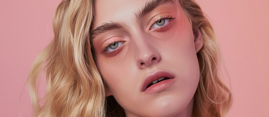 Fototapeta premium Close-up of a model's face with blond hair and makeup 