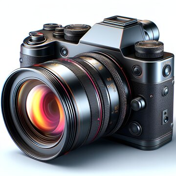 digital cartoon  slr camera isolated on white background,A sleek, professional DSLR camera with a zoom lens, captured in high detail against a pristine white background