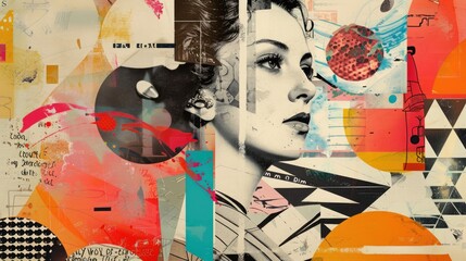 Abstract trendy vintage art collage with woman, geometric shapes, paper cutouts, patches, paint strokes. Retro fashionable style poster, banner