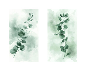 Elegant eucalyptus branches against a gentle watercolor background, for crafts, home decor, serene atmosphere creation, and elegant stationery designs - obrazy, fototapety, plakaty