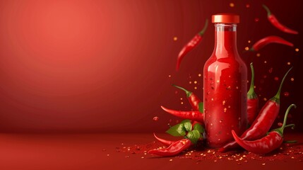 Red spicy chili sauce ketchup or tabasco on a red background with ripe hot peppers and copy space.
