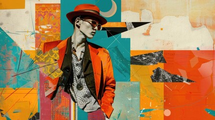 Abstract trendy vintage art collage with man, geometric shapes, paper cutouts, patches, paint strokes. Retro fashionable style poster, banner