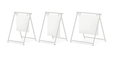 Hanging double sided signboard. Vector mock-up set. Floor sidewalk billboard sign stand. Various sizes mockup kit. Template for design