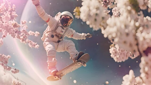 Astronaut performing a skateboard trick amidst cherry blossoms in space, merging the beauty of the cosmos and nature in a surreal scene