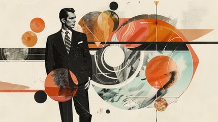 Abstract trendy vintage art collage with man, geometric shapes, paper cutouts, patches, paint strokes. Retro fashionable style poster, banner