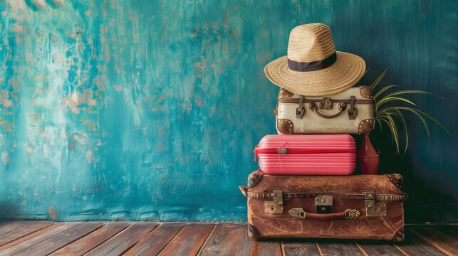 Ready to travel. The suitcases are packed and waiting for their owners to go on summer trip. Copy space.