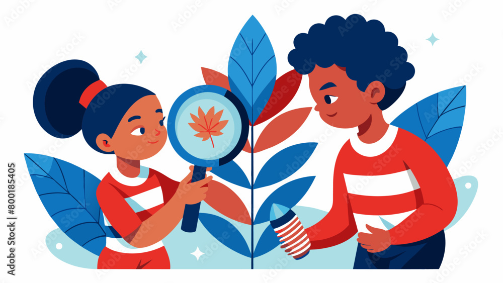 Poster two children use a magnifying glass to burn red white and blue patterns into leaves as they learn ab