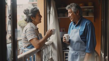 Obraz premium the husband brought his wife a cup of coffee in the early morning and they talk about the future on the balcony of their house
