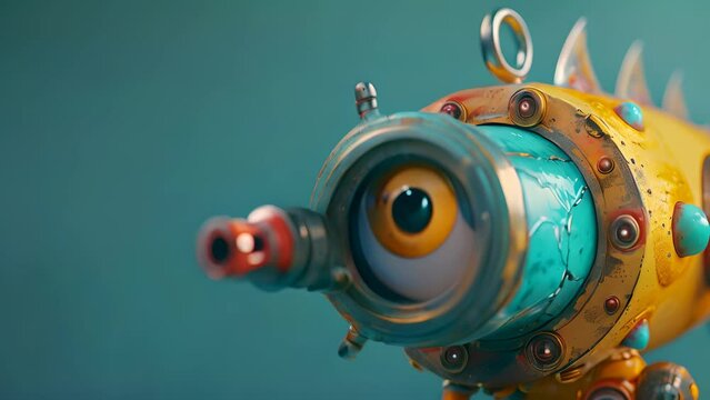 3D rendered whimsical periscope with a friendly, blinking eye, showcasing a curious and playful robotic character
