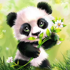 Naklejka premium Cute panda with flowers in his paws 