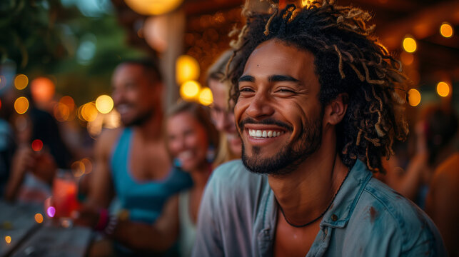 A smiling young man in a light blue shirt with dreadlocks having fun at a festival among people