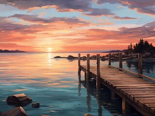 Fototapeta premium Coastal scene with a rustic wooden pier extending into a calm ocean at sunset
