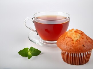 Cup of tea and muffin isolated on white background