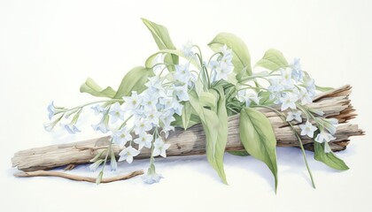 Delicate bluebells draped over a fallen birch log, soft blues and whites, serene and detailed, isolated on white background, watercolor