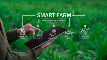 Farmers use agricultural technology in tablets to analyze data and visual icons. New technology for...
