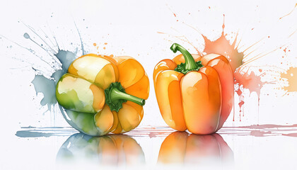 Two bell peppers, one a vivid mix of green, yellow, and orange, the other a bright orange, both set against a splash of abstract paint - obrazy, fototapety, plakaty