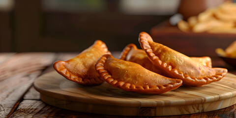 Delicious food of Cornish Pasties with Flaky Pastry and Beef on wooden board with kitchen blurred background.