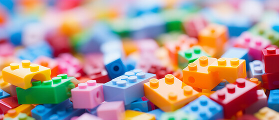 Multicolored Plastic Construction Blocks on Bright Background