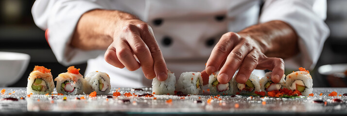 In an elegant kitchen, a professional chef carefully arranges freshly made sushi on a plate with a focused expression on precision - Powered by Adobe
