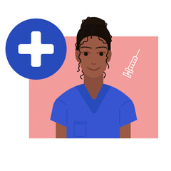 Nice female black nurse with injection blue clothing on pink background for icons, profile, apps, wallpapers, posters