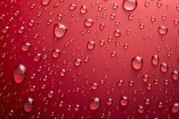 clear water droplets on a vibrant red background with light reflections