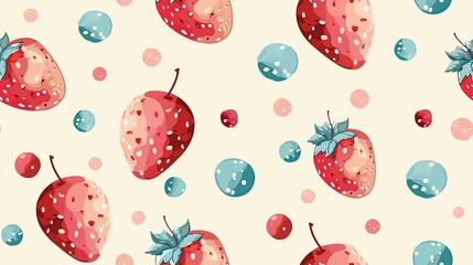  retro vintage strawberry with bubble, seamless pattern  nursery design cartoon style illustration with grungy texture, Generative Ai