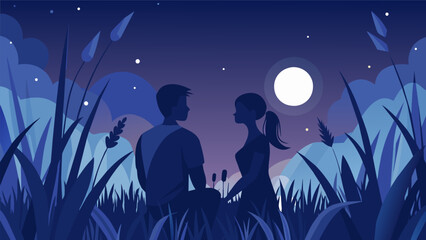 Two figures shrouded in a dense field of tall grass bask in the serenity of the moon while sharing a meaningful conversation.. Vector illustration