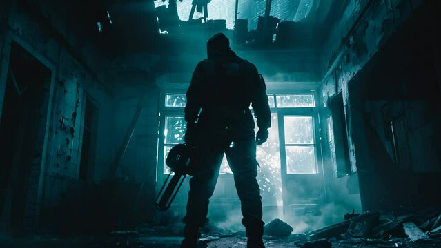 Masked man with chainsaw in derelict building, moonlight casting eerie shadows
