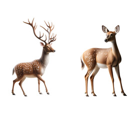 Naklejka premium Male and Female Deer Illustration on Transparent Background, Illustration of a majestic buck with elaborate antlers and a graceful doe, side by side, on a transparent PNG background.