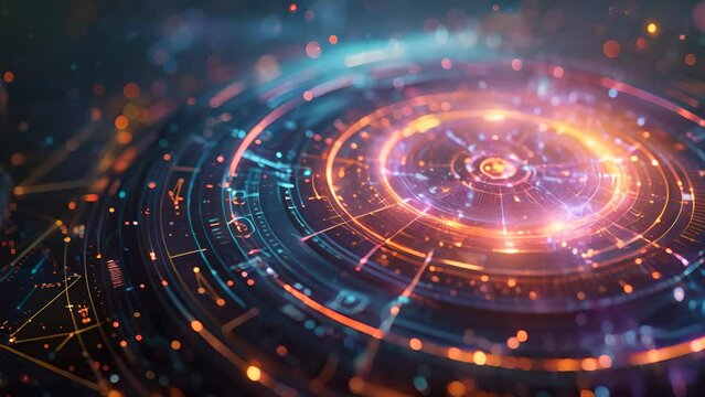 Futuristic zodiac wheel with neon glow and cosmic elements intertwining astrology and technology