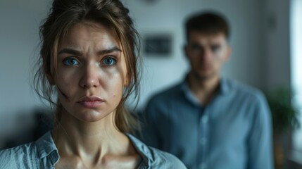 Domestic violence, with a distressed, physically and emotionally abused woman in the foreground - and the blurry abusive man in the background.