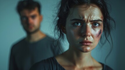 Domestic violence, with a distressed, physically and emotionally abused woman in the foreground - and the blurry abusive man in the background.