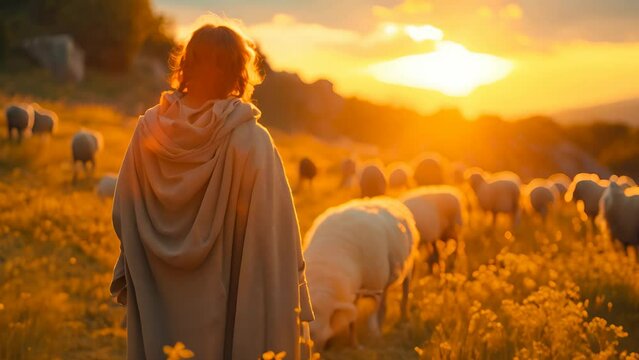 Figure resembling historical Jesus amidst a herd of sheep in a sunlit field, evoking a sense of guidance and teaching.