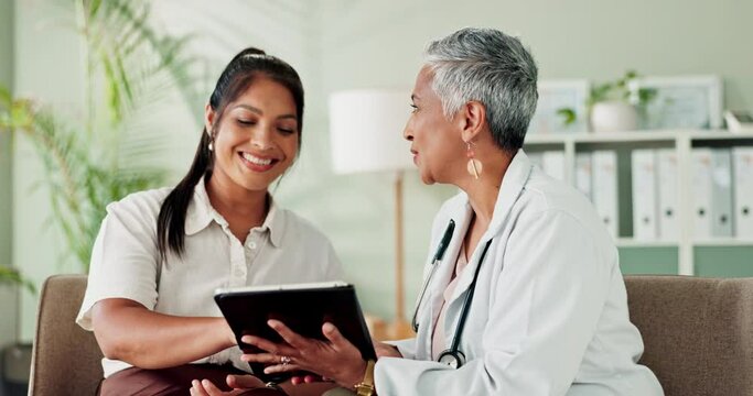 Woman, patient and doctor with tablet for results, analysis and research in medical career. Female person, healthcare expert and surgeon with technology in hospital, clinic or consultation in office