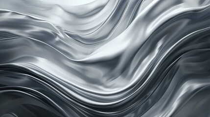 Abstract grey wave background poster with dynamic, shiny grey  material background, elegant luxury material with draped folds and wrinkled creases of smooth wavy silk fabric, Flow liquid metal wave
