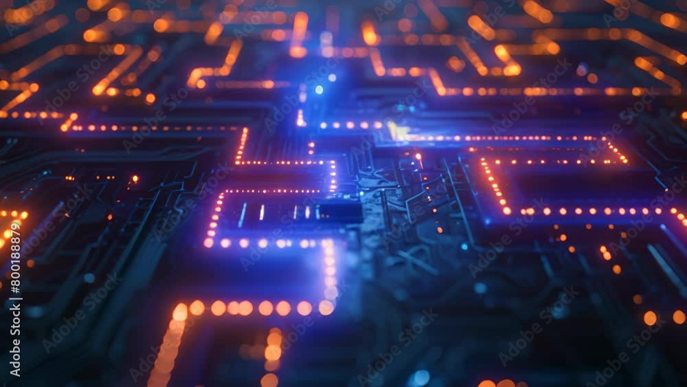 Poster a computer chip with a lot of orange lines. the lines are very close together and the chip is very s