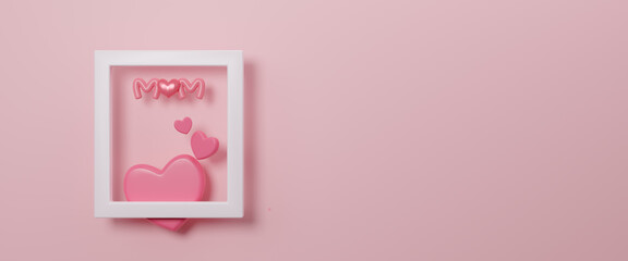Happy mother's day greeting card, mothers day thanks design concept. Greeting with freshly pink background. Festive banner for valentine's day, birthday, woman day. Copy space for text. 3d render