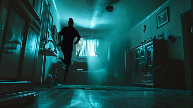 Nighttime scene in a home with objects levitating, indicating poltergeist activity as a scared family watches.