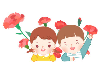 Children, carnations, thanks, frames, flowers, boys, girls, elementary school students, little, cute, characters, vectors