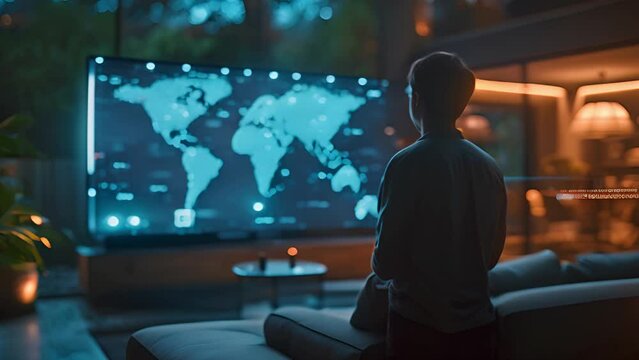 Dark-themed living room with modern smart home technology