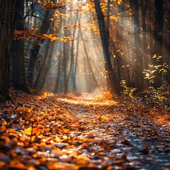 A photo of a beautiful forest with a path covered with fallen leaves in autumn