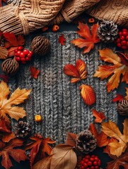 A still life image of a gray cable-knit sweater with red and orange fall leaves and pine cones arranged on it. - obrazy, fototapety, plakaty