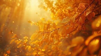A beautiful autumn landscape with a tree branch full of yellow leaves in the foreground and a blurred background of sunlight shining through the trees. - obrazy, fototapety, plakaty