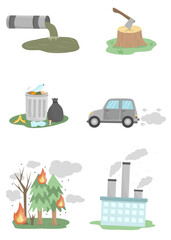 Scene pollution environment, set of environment pollution elements,  air pollution, vehicle exhaust fumes, deforestation cartoon 