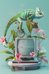 Playful Chameleon Sleek Tech Design Whimsical 3D Illustration Mashup - obrazy, fototapety, plakaty