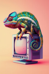 Vibrant Chameleon Perches on Contemporary Computer Whimsical 3D Scene - obrazy, fototapety, plakaty