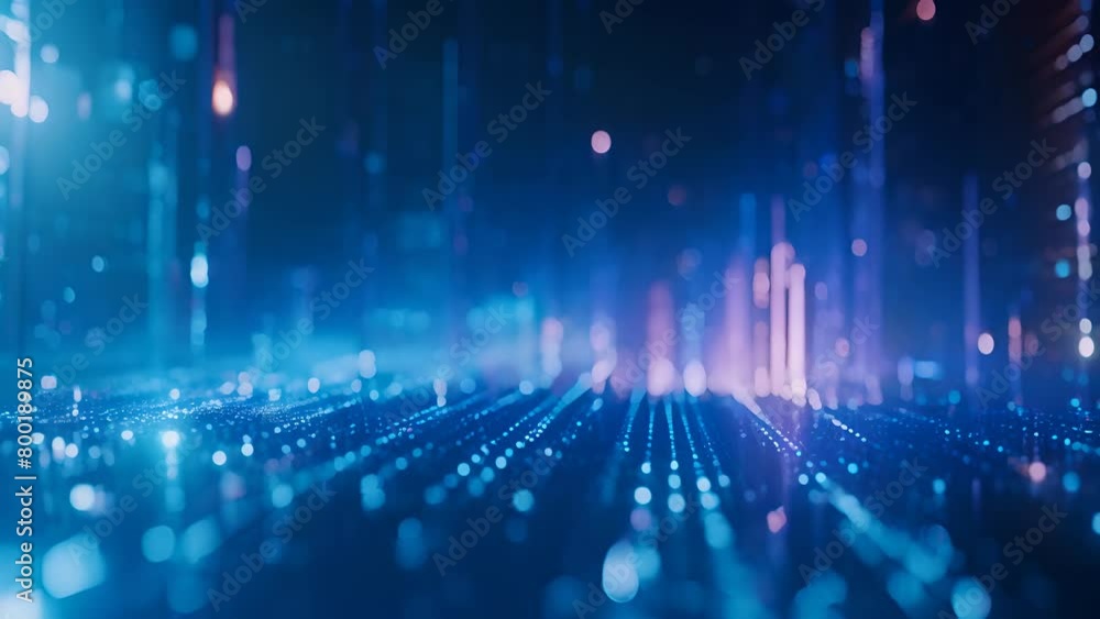 Poster a computer generated image of a cityscape with a blue and red background. the image is full of brigh