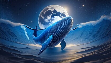 달이 뜬 새벽녘 바다위로 뛰어오른 고래